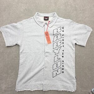 Babylon We Light The Fires Snap Front Shirt Mens Medium Gray Raw Edge NWT